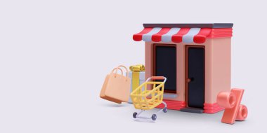 Çevrimiçi alışveriş konsepti 3 boyutlu gerçekçi, mağaza, alışveriş çantası, hediye, indirim, el arabası. Vektör illüstrasyonu
