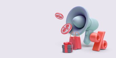 Alışveriş çantası, hediye, megafon ve indirimle üç boyutlu gerçekçi pazarlama pankartı. Vektör illüstrasyonu