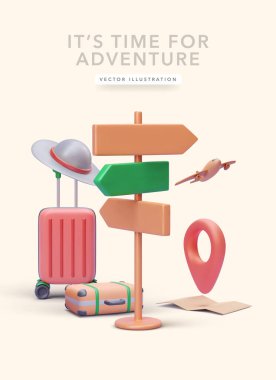 Macera konsepti posteri 3 boyutlu gerçekçi bir şekilde bavul, şapka, uçak, harita, işaretleyici. Vektör illüstrasyonu