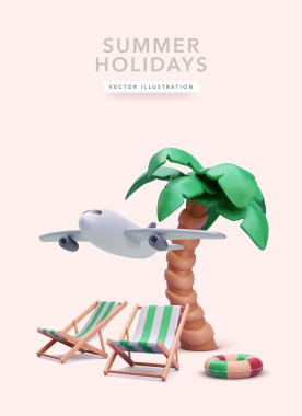 Sandalyeli, palmiyeli, uçak şamandıralı 3D gerçekçi bir yaz tatili konsepti posteri. Vektör illüstrasyonu