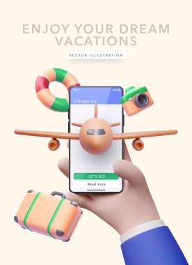 Telefon, bavul, kamera, uçak, cankurtaran şamandırası gibi üç boyutlu gerçekçi bir internet sitesi rezervasyonu için konsept poster. Vektör illüstrasyonu