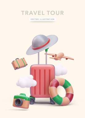 Bavul, bulut, şapka, kamera, uçak ve cankurtaran şamandıralı üç boyutlu gerçekçi poster. Vektör illüstrasyonu
