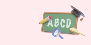 Okul konseptine 3 boyutlu gerçekçi bir şekilde dönüş. Tahta, kalem, kağıt uçak. Vektör illüstrasyonu