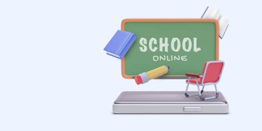 Kitap, telefon, sandalye, kalem, karatahta ile 3D gerçekçi bir şekilde okul konseptine geri dönelim. Vektör illüstrasyonu