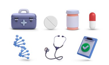 Beyaz arka planda izole edilmiş 3 boyutlu gerçekçi tıbbi elementler. Vektör illüstrasyonu