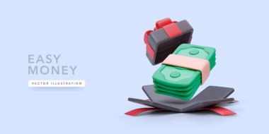 Para hediye kutusundan 3 boyutlu çizgi film tarzında uçar. Vektör illüstrasyonu