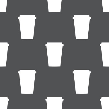 Basit vektör kahve arka planı. Tekrarlanan geometrik kahve ikonları. Gri arkaplanda kağıt kahve fincanları olan pürüzsüz desen.