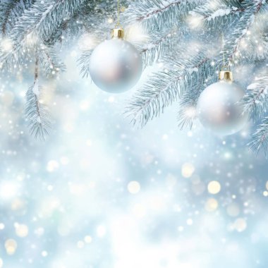 Beyaz ve gümüş Noel baloları ile beyaz Noel tatili geçmişi. Mutlu Noeller kartı. Üretilmiş Yapay Zeka