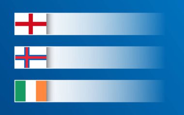 İngilizce, Faroe ve İrlanda bayraklı basit vektör sancağı ve metin ve tasarımın için boş alan. İngiltere yapımı, Faroe Adaları yapımı, İrlanda malı. Mavi arkaplanda saydam elementlere sahip modern illüstrasyonlar