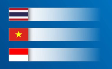 Tayland, Vietnam ve Endonezya bayraklı basit vektör sancağı ve metin ve tasarımın için boş alan. Tayland malı, Vietnam malı, Endonezya malı. Mavi arkaplanda saydam elementlere sahip modern illüstrasyonlar