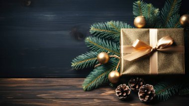 Noel arkaplanı hediye kutusu, ağaç dalları ve koyu ahşap arka planda süslemeler. Üst görünüm, kopyalama alanı, festival konsepti