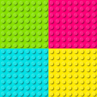 Plastik inşaat plakası. Yeşil, pembe, mavi ve sarı plastik oyuncak bloğu arka planı. Soyut vektörsüz desen