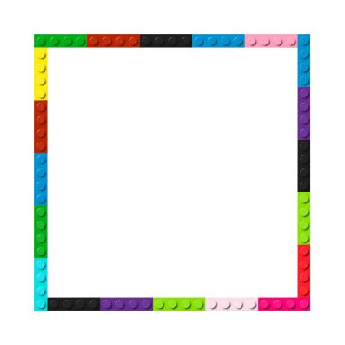 Renkli oyuncak bloklarından oluşan basit bir çerçeve. Siyah, beyaz, kırmızı, mavi, pembe ve yeşil tuğla pankart. Soyut vektör arkaplanı