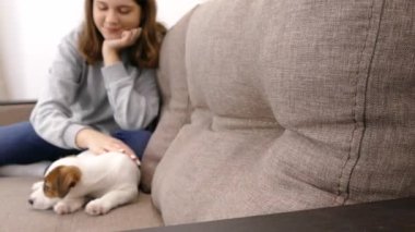 Bir kız evdeki kanepede el köpeği başıyla okşuyor.. 