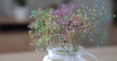 Misafir odasındaki masada kurutulmuş bir buket çikila çiçeği var.. 