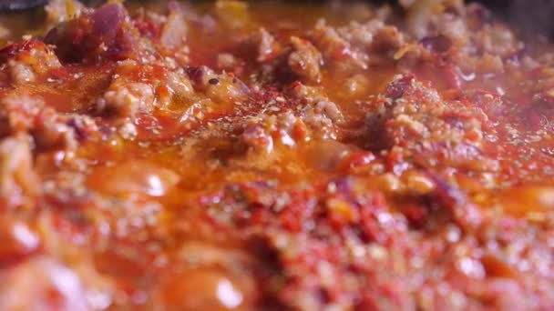 切碎的肉 番茄酱和蔬菜用平底锅烹调 — 图库视频影像