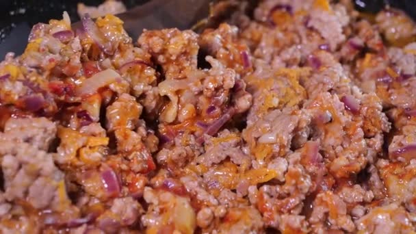 Блюдо Фарша Томатный Соус Овощи Готовятся Сковороде — стоковое видео