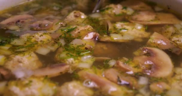 在厨房里用肉丸子和蔬菜煮汤 胡萝卜 蘑菇和蔬菜 — 图库视频影像
