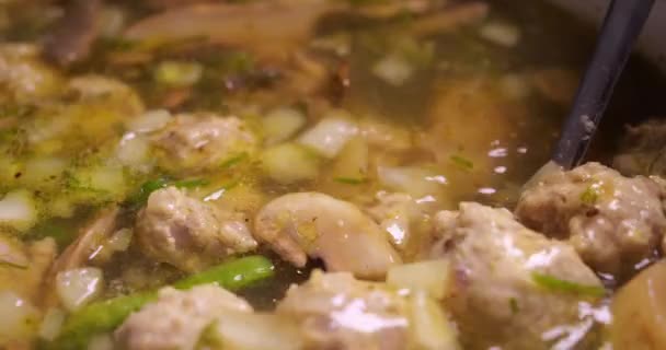 Cooking Soup Meatballs Vegetables Kitchen Broth Meat Carrots Mushrooms Vegetables — Stock Video