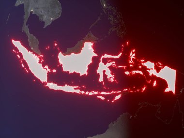Endonezya, şehir ışıklarıyla dolu bir gece haritasında kırmızı ve parlak sınırlarla işaretlenmiş. Bu görüntünün öğeleri ESA tarafından desteklenmektedir.