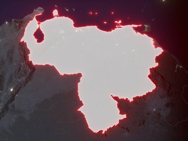Venezuela, şehir ışıklarıyla dolu bir gece haritasında kırmızı sınırlarla işaretlenmiş. Bu görüntünün öğeleri ESA tarafından desteklenmektedir.