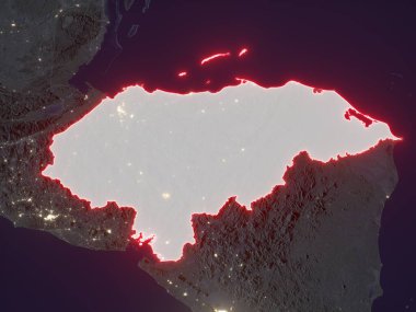 Honduras, şehir ışıklarıyla dolu bir gece haritasında kırmızı sınırlarla işaretlenmiş. Bu görüntünün öğeleri ESA tarafından desteklenmektedir.