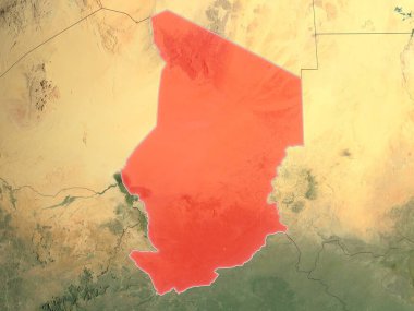 Chad ülke sınırları olan gerçekçi bir haritada kırmızıyla işaretlenmiş. Bu görüntünün öğeleri ESA tarafından desteklenmektedir.