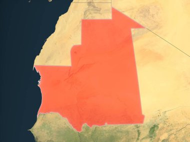 Moritanya, ülke sınırları olan gerçekçi bir haritada kırmızıyla işaretlenmiş. Bu görüntünün öğeleri ESA tarafından desteklenmektedir.