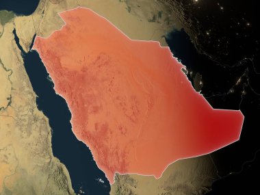 Suudi Arabistan gerçekçi Dünya 'da kırmızıyla işaretlenmiş. Bu görüntünün öğeleri ESA tarafından desteklenmektedir.