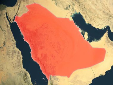 Suudi Arabistan ülke sınırları olan gerçekçi bir haritada kırmızıyla işaretlenmiş. Bu görüntünün öğeleri ESA tarafından desteklenmektedir.