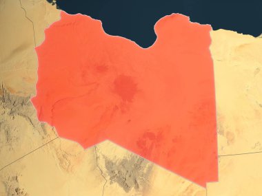 Libya, ülke sınırları olan gerçekçi bir haritada kırmızıyla işaretlendi. Bu görüntünün öğeleri ESA tarafından desteklenmektedir.