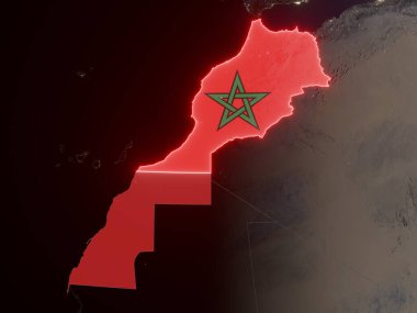 Fas bayrağı gece haritasında ülke şeklinde. Bu görüntünün öğeleri ESA tarafından desteklenmektedir.