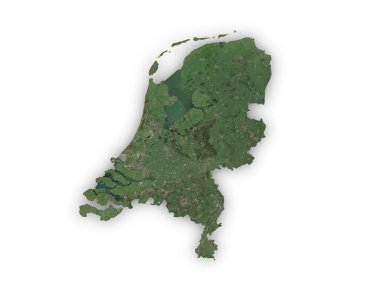 Uzaydan görünen, beyaz arka planda kesilmiş Hollanda 'nın gerçekçi haritası. Bu görüntünün öğeleri ESA tarafından desteklenmektedir.