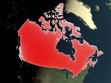 Kanada, ülke sınırları olan gerçekçi bir haritada kırmızıyla işaretlenmiş. Bu görüntünün öğeleri ESA tarafından desteklenmektedir.