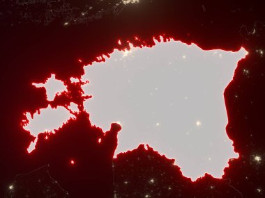 Estonya, şehir ışıklarıyla dolu bir gece haritasında kırmızı sınırlarla işaretlenmiş. Bu görüntünün öğeleri ESA tarafından desteklenmektedir.
