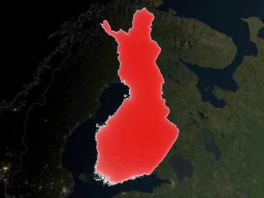 Finlandiya, ülke sınırları olan gerçekçi bir haritada kırmızıyla işaretlenmiştir. Bu görüntünün öğeleri ESA tarafından desteklenmektedir.