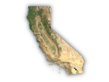 Kaliforniya 'nın gerçekçi haritası beyaz arka planda izole edilmiş. Değiştirilmiş Kopernik Sentinel verisi 2025 içerir.