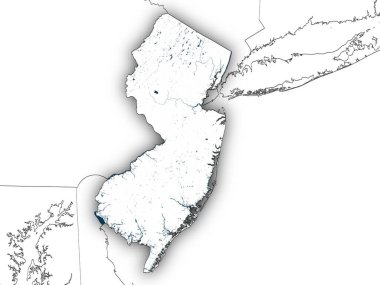 Beyaz arka planda eyalet sınırları olan New Jersey haritası. Değiştirilmiş Kopernik Sentinel verisi 2025 içerir.