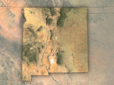 Net eyalet sınırları olan New Mexico 'nun detaylı haritası. Değiştirilmiş Kopernik Sentinel verisi 2025 içerir.
