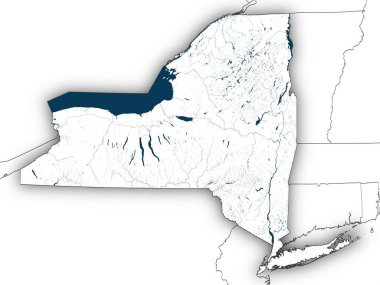 Beyaz arka planda eyalet sınırları olan New York haritası. Değiştirilmiş Kopernik Sentinel verisi 2025 içerir.