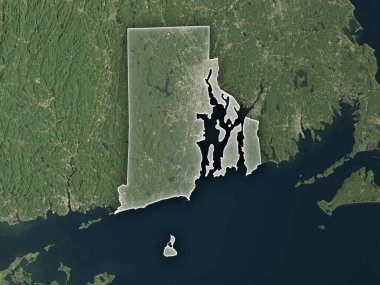 Rhode Island 'a uzaydan, eyalet sınırları açık gerçekçi bir bakış açısı. Değiştirilmiş Kopernik Sentinel verisi 2025 içerir.