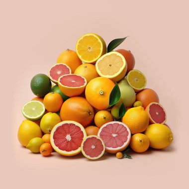 Pembe arka planda çeşitli turunçgil meyveleri yığını.