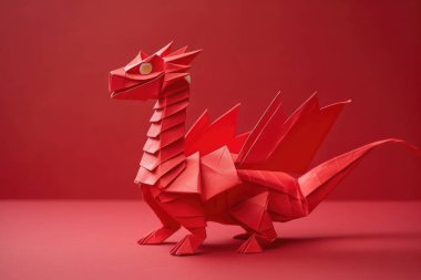 Kırmızı arka planda bir kağıt ustası origami kırmızı ejderha..