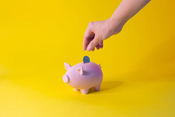 Conceptual wealth still life with piggy bank. Hand saving money into piggybank still life.