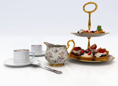 Masanın üzerinde beyaz bir fonda bir fincan kahve ve tatlı.