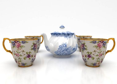 Beyaz arkaplanda çay ve çaydanlık