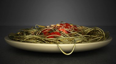 Gri arka planda altın bir spagetti. 3d illüstrasyon.