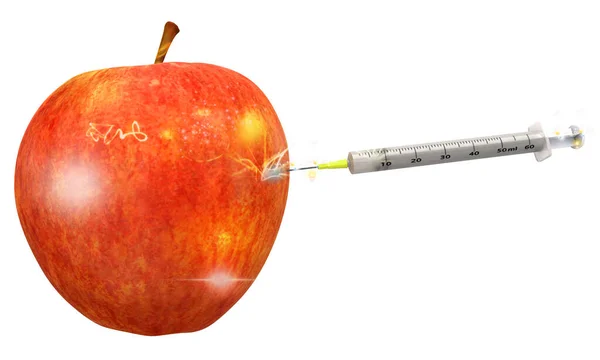 Akvarel Červené Jablko Injekční Stříkačkou Bílém Pozadí — Stock fotografie