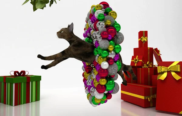 圣诞节的作文 圣诞节和新年的背景 一只猫和一棵圣诞树 圣诞装饰品 — 图库照片