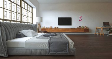 Kütüphaneli bir yatak odasının 3D canlandırması 